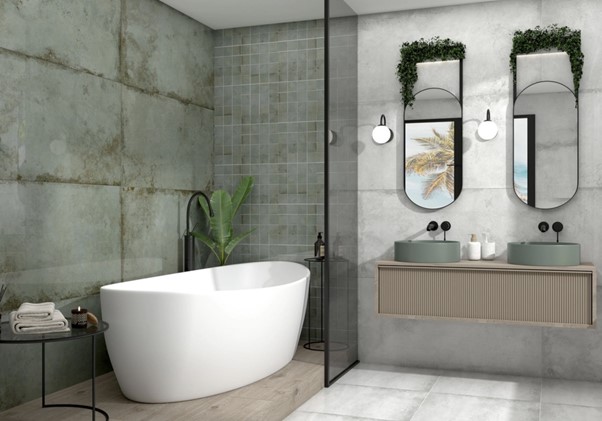 Aranżacja łazienki inspirowanej naturą z płytkami gresowymi Ceramica Limone Piano Mint
