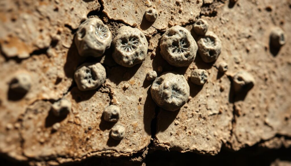 A close-up photograph of a damp, crumbling wall revealing distinctive bumps and raised areas, known as "purchle". The surface texture is uneven, with a mix of light and dark tones, capturing the irregular, organic nature of these moisture-induced formations. Dramatic lighting casts dramatic shadows, emphasizing the depth and three-dimensional quality of the purchle. The image is shot with a macro lens, allowing for a detailed, high-resolution view that showcases the intricate patterns and textures of this phenomenon. The overall mood is one of close inspection and scientific examination, inviting the viewer to study the subject matter closely.