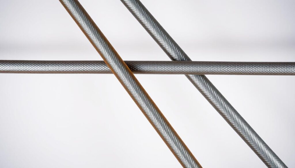 A close-up shot of several steel reinforcement bars, commonly known as rebar, arranged in a criss-cross pattern against a neutral background. The bars, varying in thickness from 10mm to 16mm, have a distinct metallic sheen and exhibit the textured surface typical of construction-grade steel. The lighting is soft and diffused, casting subtle shadows that accentuate the dimensional qualities of the rebar. The composition focuses on the intricate interplay of the parallel and perpendicular bars, conveying a sense of strength, stability, and the essential role these components play in modern building construction.