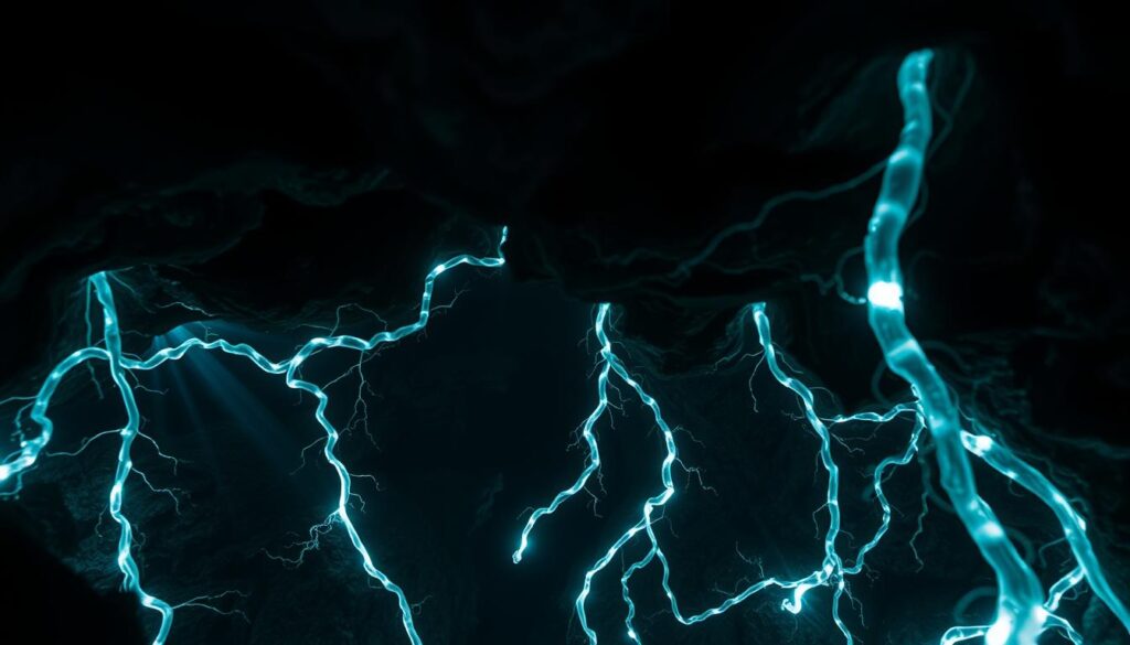 A close-up view of glowing, crystalline underground water veins, casting an otherworldly, ethereal light. The luminous streams meander through a dark, rocky cavern, their shimmering reflections dancing on the uneven, shadowy surfaces. Beams of soft, diffused lighting accentuate the veins' intricate branching patterns and mesmerizing flow. The scene exudes a sense of ancient, primal energy and a subtle, haunting beauty, capturing the mysterious nature of these subterranean water pathways and their potential impact on human health and well-being.