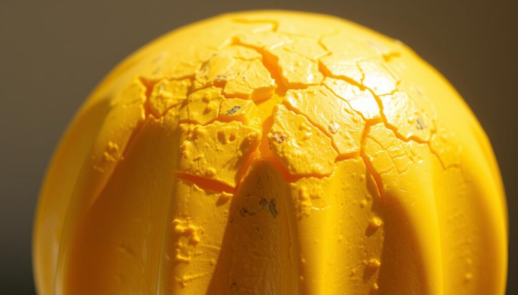 A close-up view of yellowed, aged plastic material in natural daylight. The surface texture is rough and cracked, with visible discoloration and signs of degradation. The lighting is slightly soft and diffused, casting subtle shadows that accentuate the tactile quality of the plastic. The background is blurred, placing the focus entirely on the detailed deterioration of the plastic form. The overall mood is one of decay and the passage of time, reflecting the causes of this common household problem.