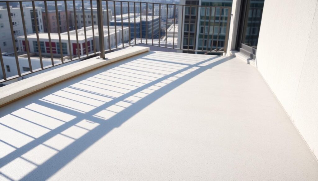 A concrete balcony with a smooth, expertly-poured topping over a thick layer of insulating styrofoam. The surface is clean and uniform, with a light grey hue that blends seamlessly with the surrounding architecture. Sunlight streams in, casting soft shadows and highlighting the textured finish. The balcony railing, made of sturdy metal, frames the scene, leading the eye outward to a panoramic view of a modern urban landscape. An overall sense of functional elegance and thoughtful design pervades the image, inviting the viewer to envision this balcony as a practical yet stylish extension of the living space within.