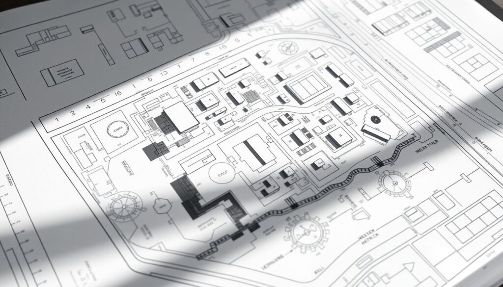 A detailed architectural blueprint or site plan, showcasing the layout and arrangement of buildings, structures, and landscape elements within a defined property or development area. Depicted in a technical, precise manner using standardized symbols and scale, with attention to spatial relationships, dimensions, and key features. Illuminated by a soft, natural lighting that casts subtle shadows, creating depth and emphasizing the technical precision of the design. Rendered in a muted, technical color palette that conveys the professional, functional nature of the subject matter.