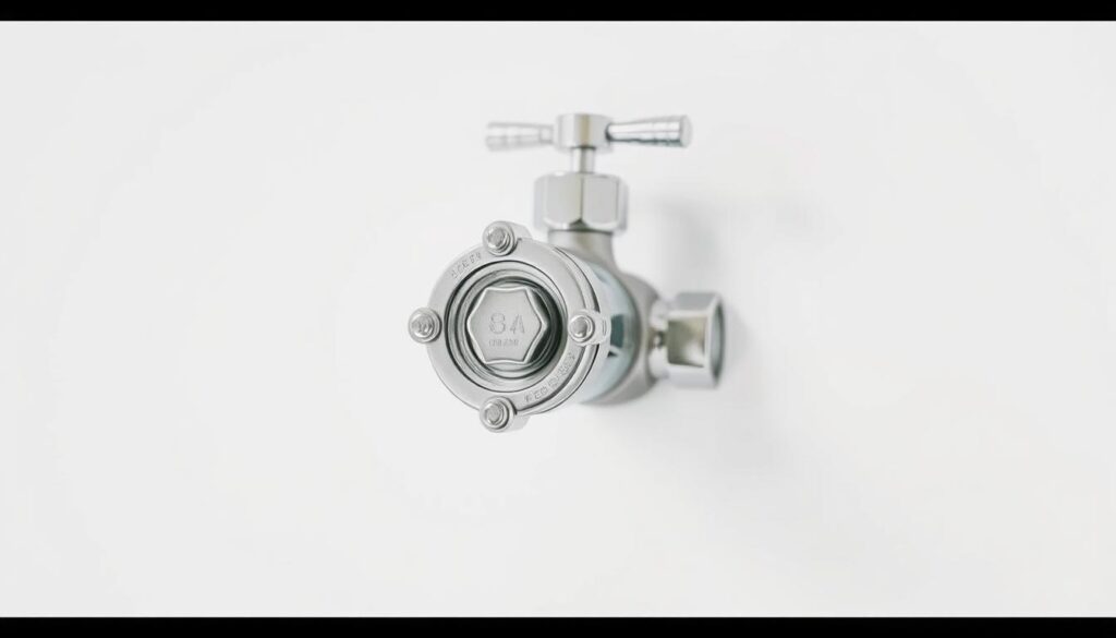 A detailed close-up of a main water shut-off valve, prominently displayed in the center of the frame. The valve, made of shiny chrome metal, is situated against a plain white background, allowing it to stand out clearly. Soft, directional lighting casts subtle shadows, emphasizing the valve's form and mechanical components. The image is captured from a slightly elevated angle, giving a sense of importance and highlighting the valve's centrality. The overall mood is one of clarity and focus, drawing the viewer's attention to this crucial household feature.