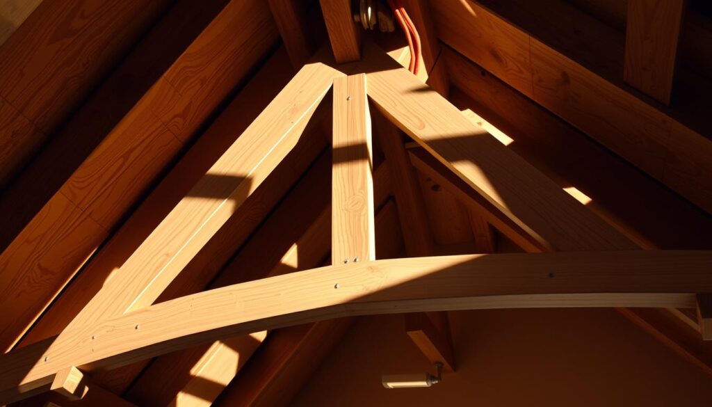A detailed cross-sectional view of a roof structure, highlighting the murłata (wall plate) and its crucial connection to the ceiling joists and roof truss. The scene is illuminated by soft, natural lighting, casting subtle shadows that accentuate the intricate carpentry and joinery. The perspective is slightly elevated, allowing for a clear understanding of the assembly and load-bearing elements. The overall mood is one of technical precision and architectural elegance, conveying the importance of proper murłata installation for the structural integrity of the roof.