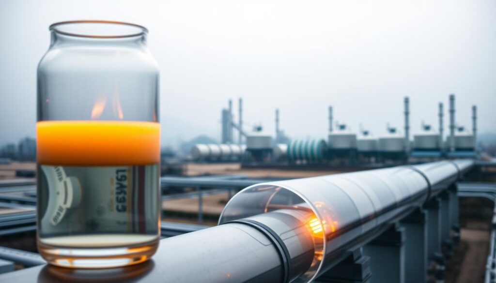 A detailed, high-resolution image of natural gas. In the foreground, a transparent glass container filled with a colorless, odorless gas, emitting a soft, warm glow. In the middle ground, a cross-section of a natural gas pipeline, revealing its intricate inner workings. In the background, a panoramic view of a gas processing plant, with towering silos and gleaming steel tanks set against a hazy, industrial landscape. The scene is bathed in a cool, neutral lighting, evoking a sense of technical precision and the importance of this vital energy source.
