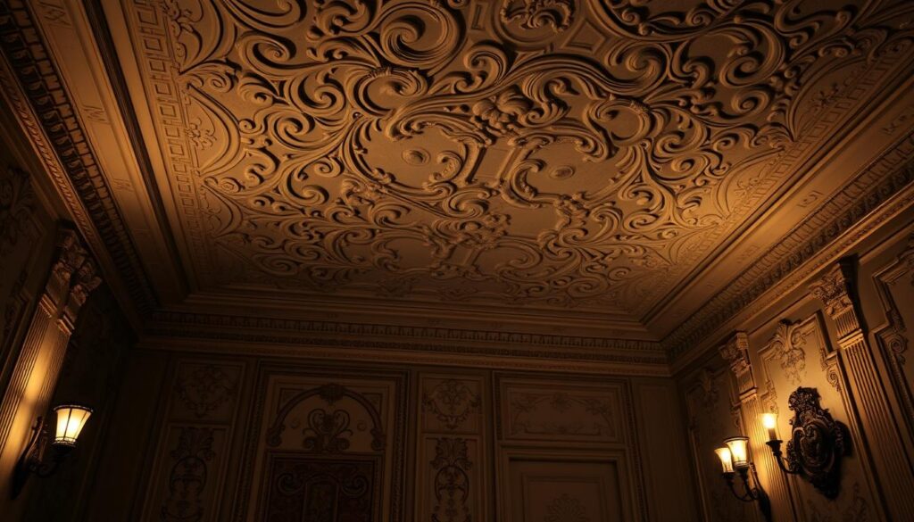 A dimly lit, ornate interior with intricate stucco detailing on the walls and ceiling. The stucco features elegant patterns and textures, casting soft shadows that create a sense of depth and dimension. Warm, directional lighting from sconces or chandeliers illuminates the scene, highlighting the intricate moldings and casting a cozy, inviting atmosphere. The overall impression is one of timeless elegance and craftsmanship, perfectly capturing the essence of "tynk na sztukaterie" and setting the stage for the introductory section on this decorative technique.