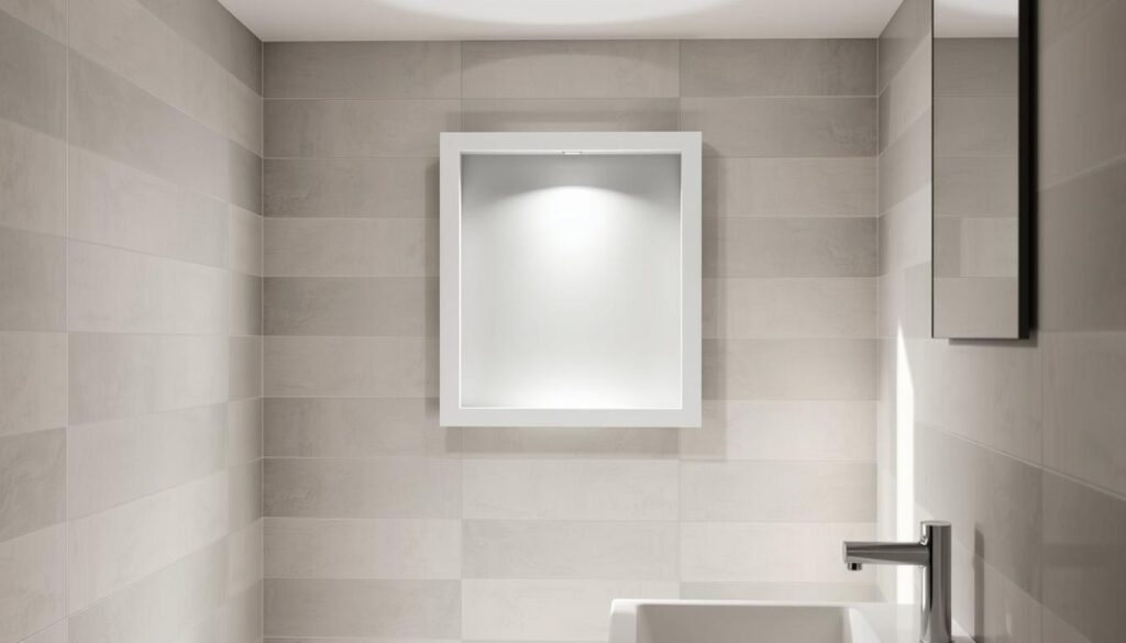 A precision engineered, flush-mounted Geberit wall frame in a well-lit, modern bathroom setting. The frame is mounted at the optimal height, seamlessly integrated into the tiled walls. Subtle shadows and highlights accentuate the clean, minimalist design. The composition features the frame in the middle ground, with the bathroom fixtures and fittings in the foreground and a neutral, zen-like background. The image conveys a sense of order, functionality and high-quality German engineering.