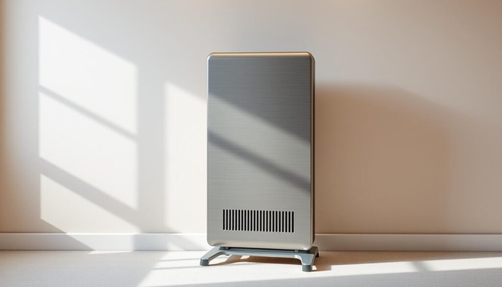 A sleek, modern electric heater stands prominently in a cozy, well-lit 25 square meter room. Diffused, soft lighting illuminates the brushed metal exterior, accentuating its clean, minimalist design. The heater is positioned against a neutral-toned wall, allowing it to take center stage as the focal point of the space. Subtle shadows create depth and dimension, showcasing the heater's sturdy, functional form. The overall mood is one of warmth, comfort, and efficiency - a perfect solution for heating a medium-sized living area.