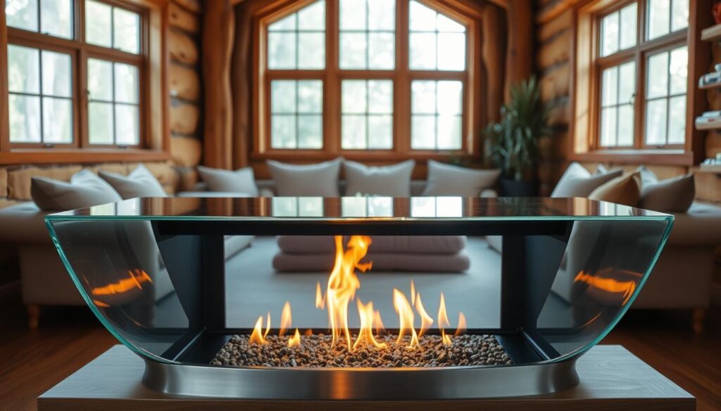 A sleek, modern fireplace set against a warm, inviting living room backdrop. In the foreground, a crystal-clear water jacket envelops the fireplace, its curved surface reflecting the flickering flames. The water jacket is constructed from high-quality, polished stainless steel, seamlessly integrated into the fireplace design. Soft, diffused lighting emanates from the fireplace, casting a cozy glow throughout the room. The walls are adorned with rustic, wooden paneling, complementing the natural feel of the space. Large windows allow natural light to pour in, creating a harmonious balance between the indoor and outdoor environments. The overall scene conveys a sense of comfort, efficiency, and thoughtful design.
