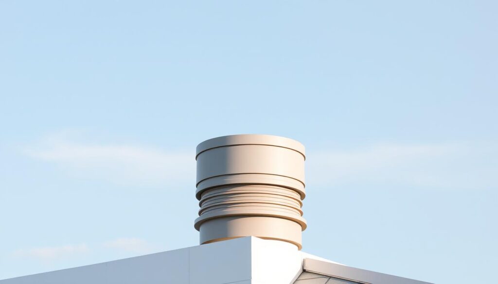 A well-crafted, modern ventilation pipe cap situated atop a sleek, minimalist rooftop. The cap's exterior features a clean, cylindrical design with subtle ridges, finished in a matte, neutral tone that seamlessly blends with the building's architectural aesthetic. Soft, diffused natural lighting from above casts gentle shadows, highlighting the cap's simple yet elegant form. The background is a serene, cloudless sky, creating a calming, uncluttered environment that emphasizes the ventilation cap's functional yet aesthetically pleasing purpose.