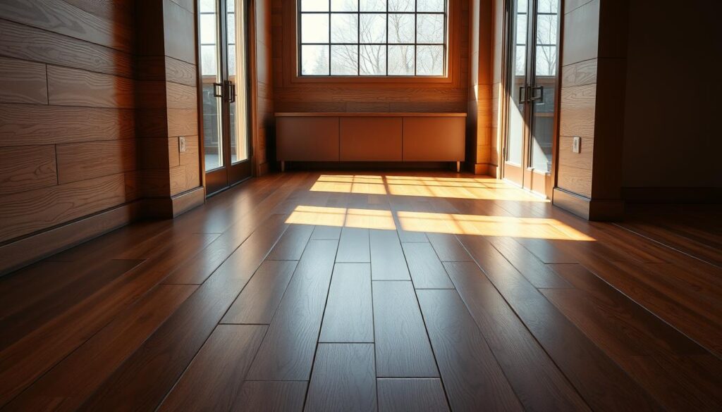 A well-lit, high-resolution photograph of a seamless visual effect on a hardwood floor, showcasing a smooth and flawless transition between wooden panels and ceramic tiles. The floor is illuminated by warm, natural lighting filtering through large windows, casting soft shadows and highlights that accentuate the textural contrast between the materials. The composition features a balanced, symmetrical layout, with the tiled and wood-paneled sections arranged in a visually pleasing and harmonious manner. The overall aesthetic conveys a sense of modern, sophisticated design, suitable for a high-end residential or commercial interior setting.