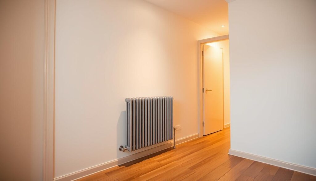 A well-lit interior scene of a residential apartment block, with a focus on a single radiator unit mounted on the wall. The radiator is the central subject, surrounded by neutral-toned walls and hardwood flooring. The scene conveys a sense of practicality and functionality, with a clean, minimalist aesthetic. The lighting is warm and natural, casting soft shadows and highlighting the metallic details of the radiator. The perspective is slightly elevated, allowing the viewer to observe the radiator and its immediate surroundings in detail. The overall mood is one of calm and efficiency, hinting at the process of replacing the radiator as a straightforward, routine task.