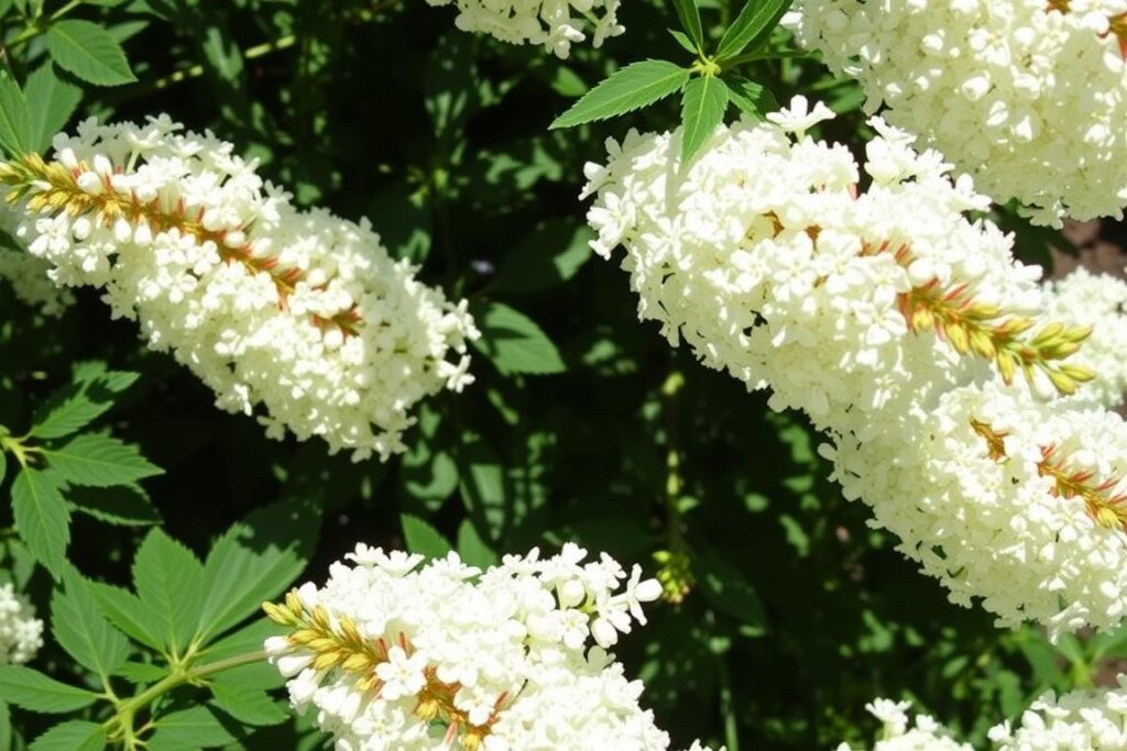 Budleja 'White Profusion' z białymi kwiatostanami w pierwszym roku