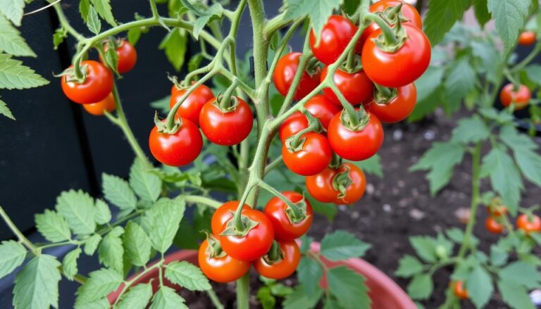 Dorodne krzaki pomidorów koktajlowych obficie owocujące dzięki prawidłowemu przycinaniu