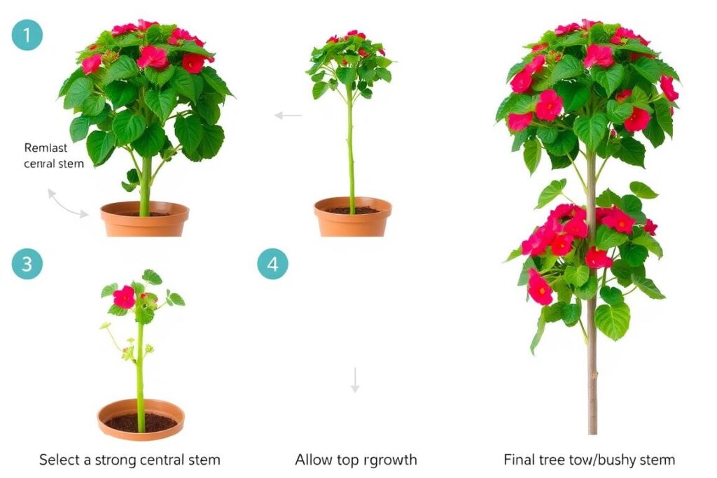 Etapy formowania pelargonii na drzewko - od młodej rośliny do gotowego standardu