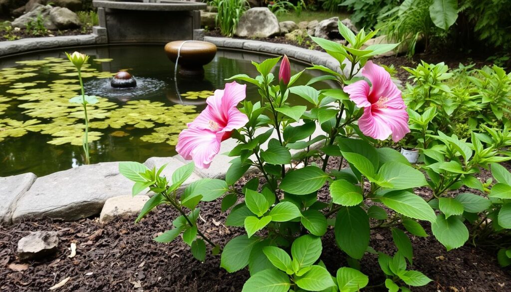 Hibiskus bylinowy (bagienny) przy oczku wodnym