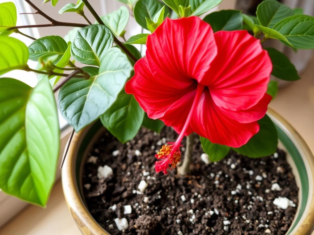 Hibiskus domowy (róża chińska) w doniczce z widocznym podłożem