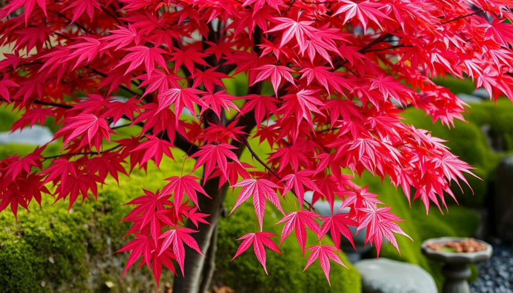Klon palmowy w japońskim ogrodzie z intensywnie czerwonymi liśćmi
