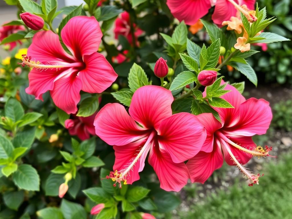 Kwitnący hibiskus ogrodowy w pełnym rozkwicie po prawidłowym przycinaniu