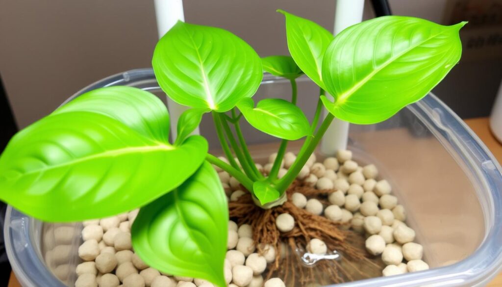 Monstera uprawiana w systemie semi-hydroponicznym z widocznymi korzeniami