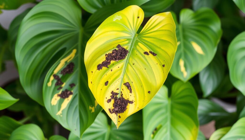 Monstera z objawami problemów związanych z podłożem: żółte liście, brązowe plamy
