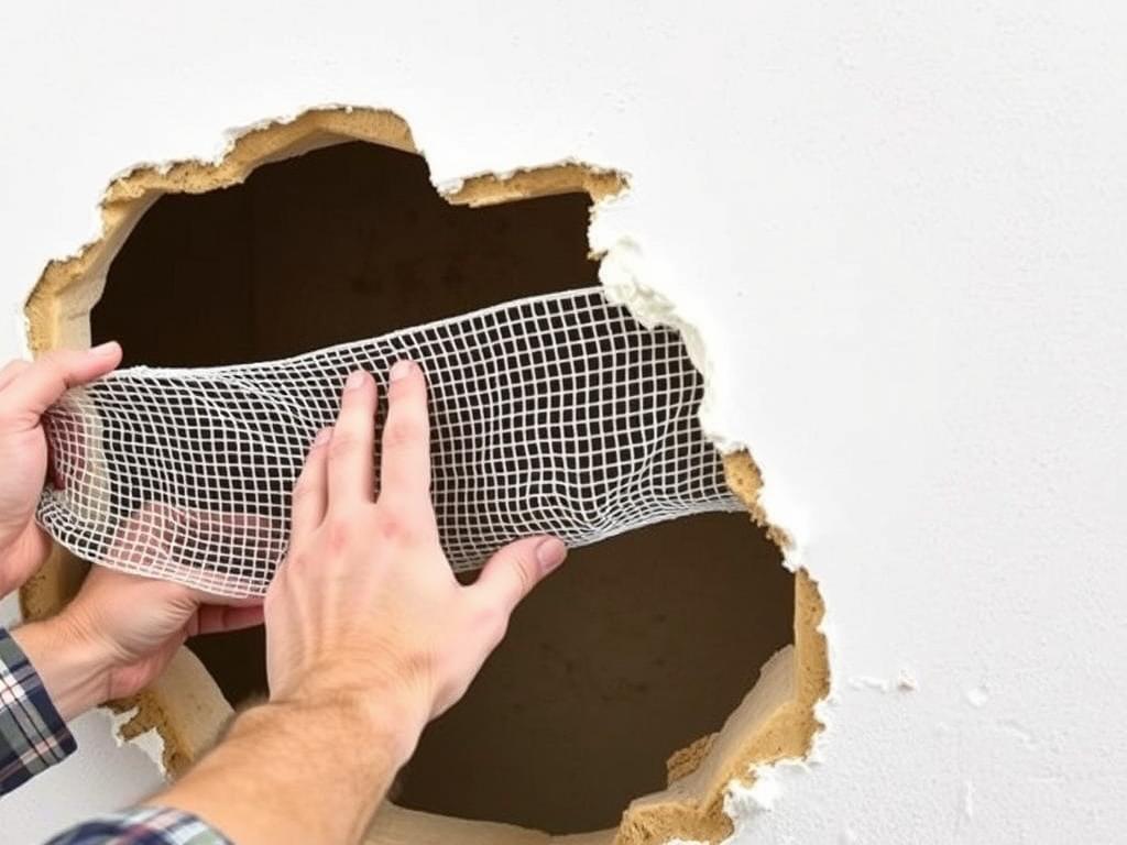 Montaż siatki podtynkowej przy naprawie dużego ubytku w ścianie