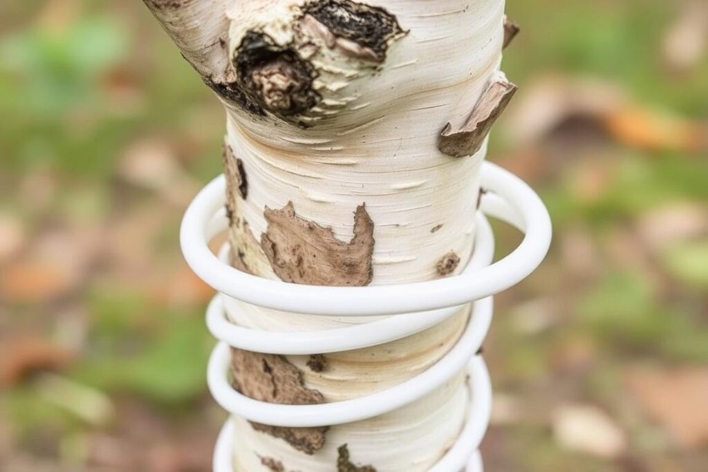 Osłonka spiralna chroniąca młodą brzozę przed zgryzaniem przez zwierzęta