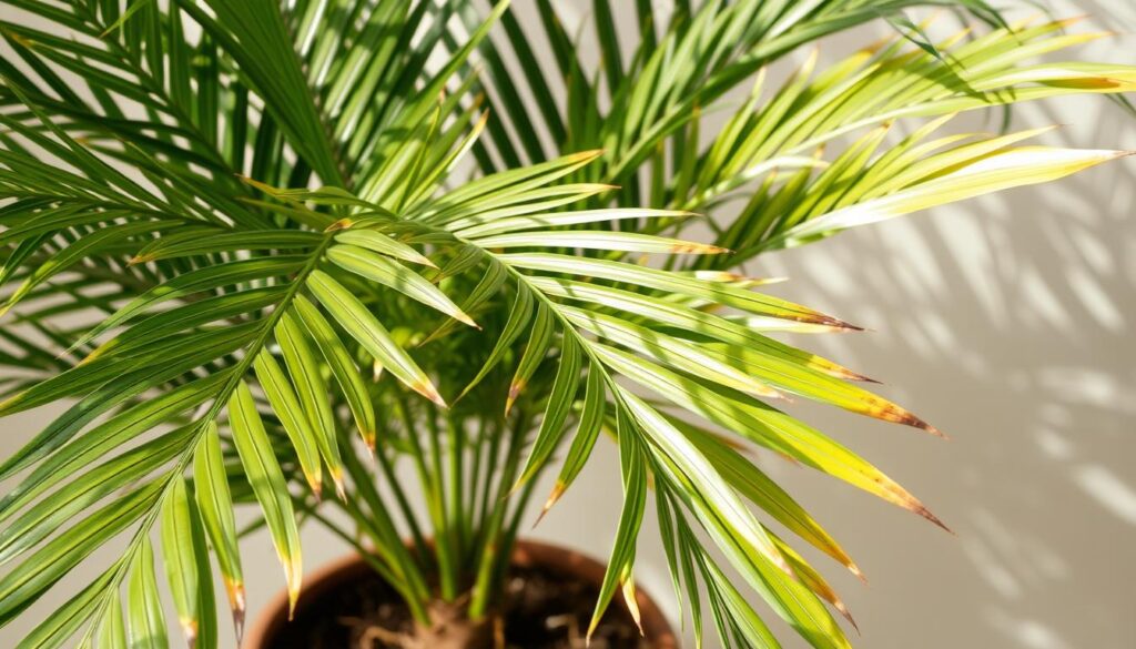 Palma z objawami problemów związanych z niewłaściwym podłożem - żółknące liście i brązowe końcówki
