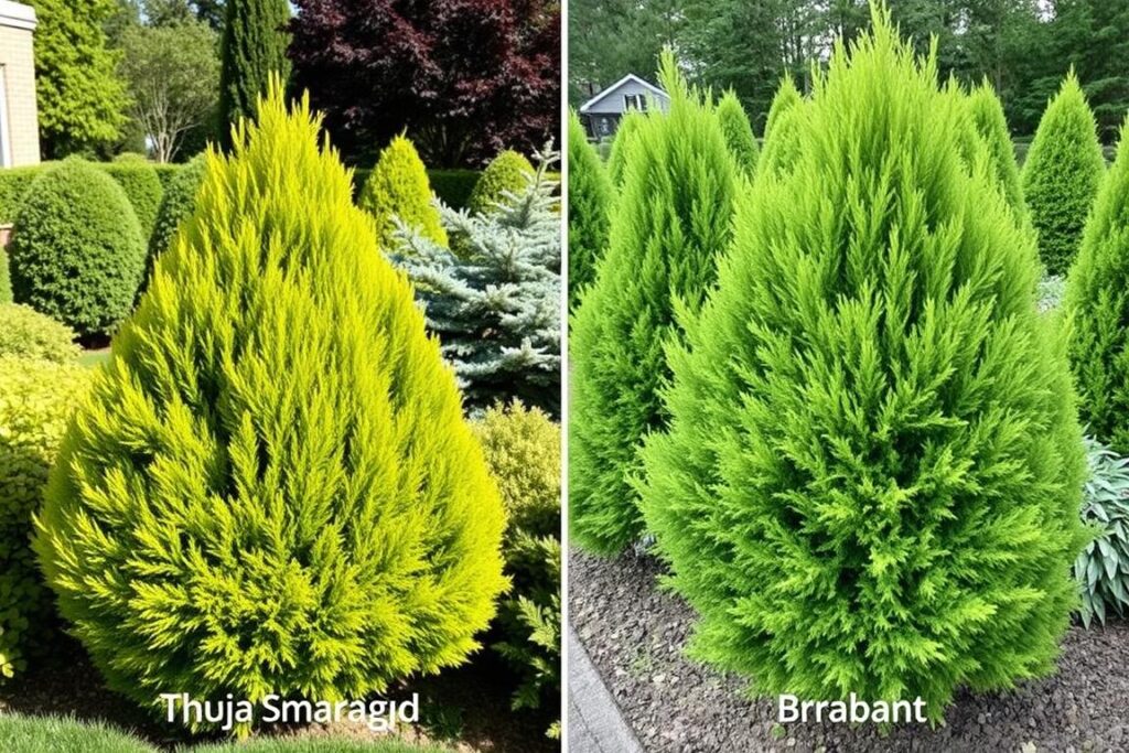 Porównanie tui Szmaragd (po lewej) i Brabant (po prawej) w ogrodzie