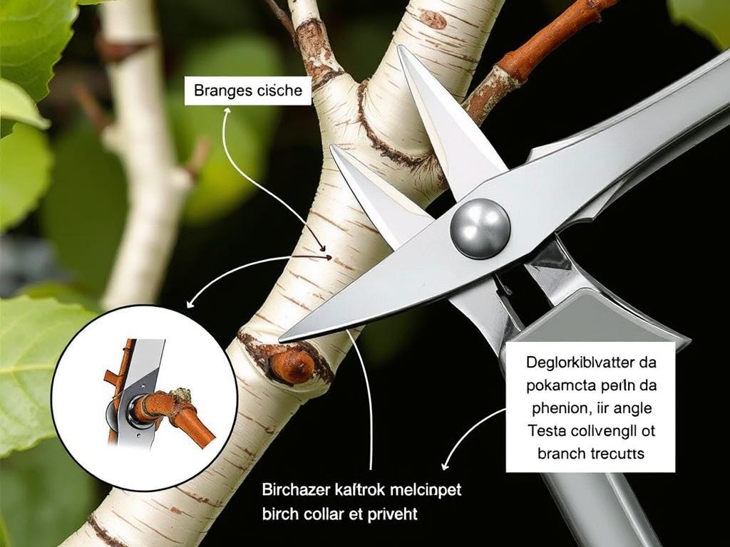 Prawidłowa technika cięcia gałęzi brzozy z zaznaczeniem miejsca cięcia
