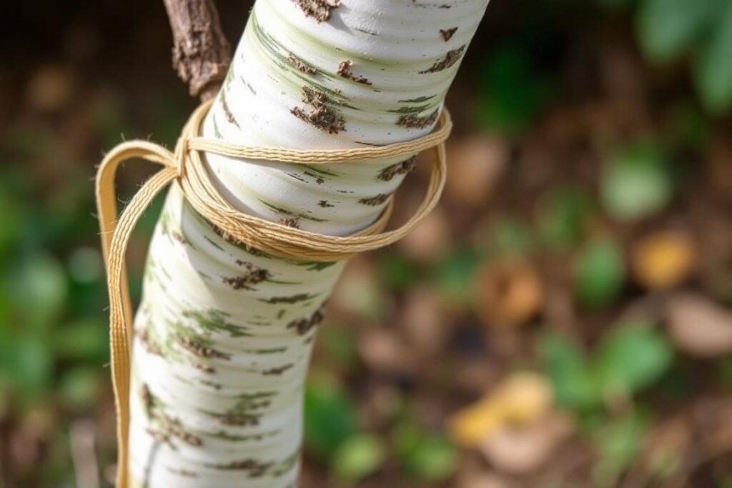 Prawidłowo palikowana młoda brzoza z elastycznym mocowaniem umożliwiającym naturalny ruch