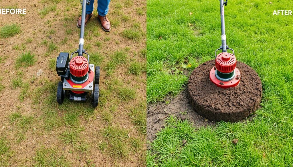 Proces regeneracji starego trawnika przy użyciu glebogryzarki separacyjnej - widoczne etapy przed i po