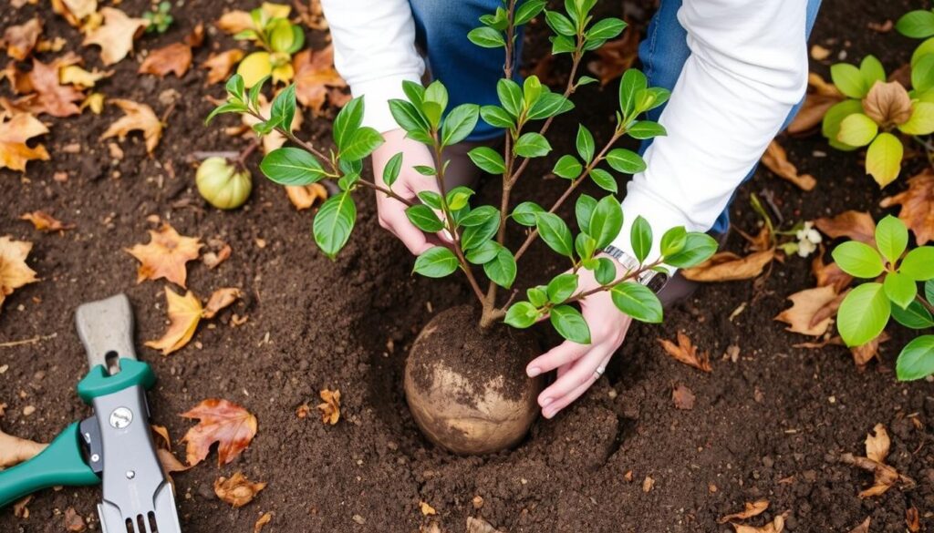 Proces sadzenia laurowiśni (Prunus laurocerasus) jesienią w ogrodzie