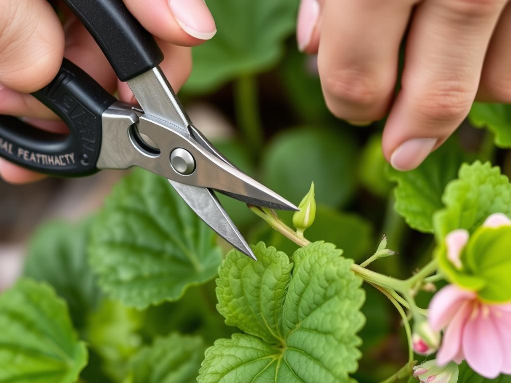 Przycinanie pelargonii wiosną - demonstracja techniki cięcia nad węzłem liściowym