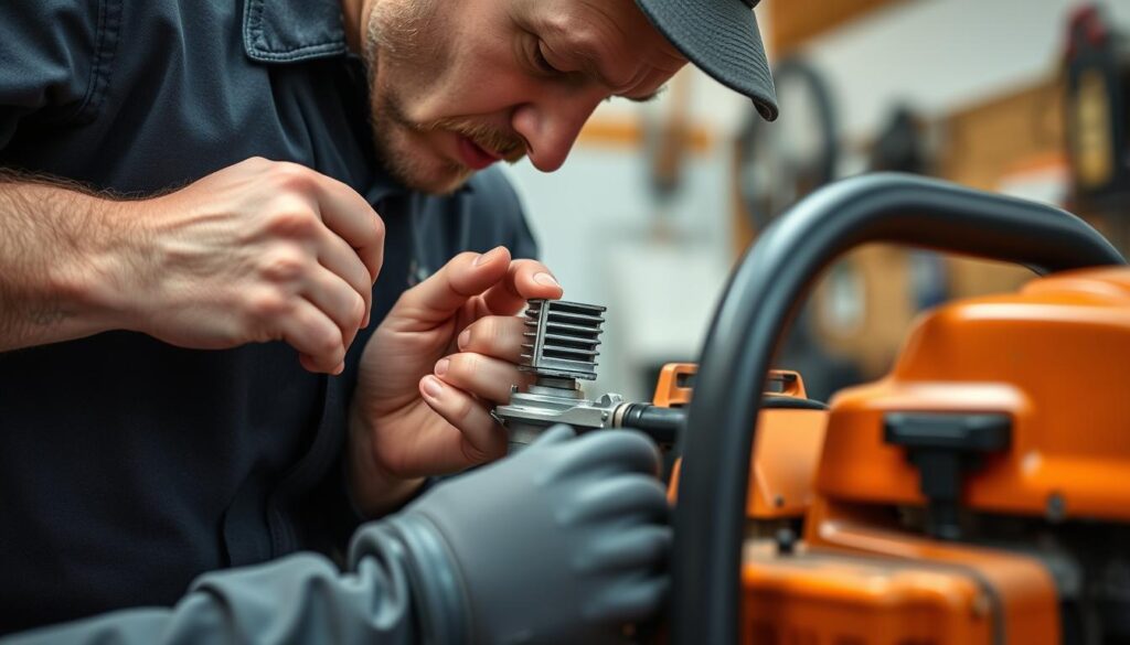Regulacja gaźnika piły spalinowej na słuch przez doświadczonego mechanika