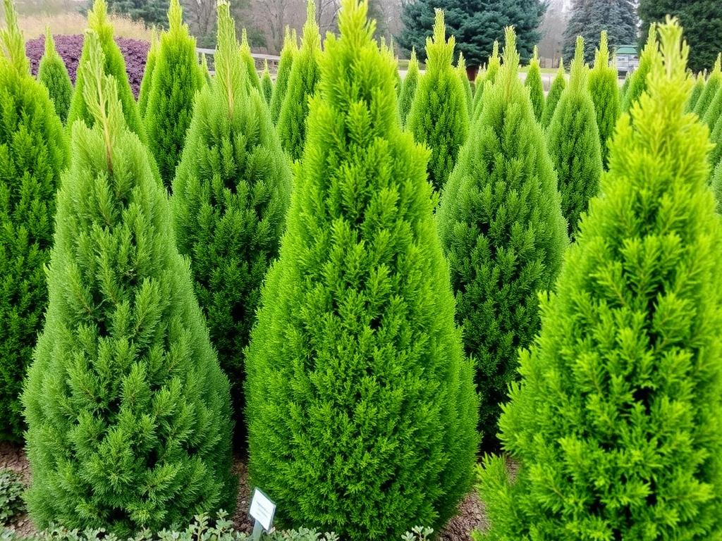 Różne gatunki tui (żywotników) rosnące w ogrodzie botanicznym