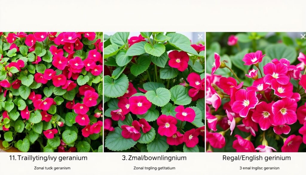 Różne odmiany pelargonii - zwisające, rabatowe i angielskie z oznaczeniem specyfiki przycinania