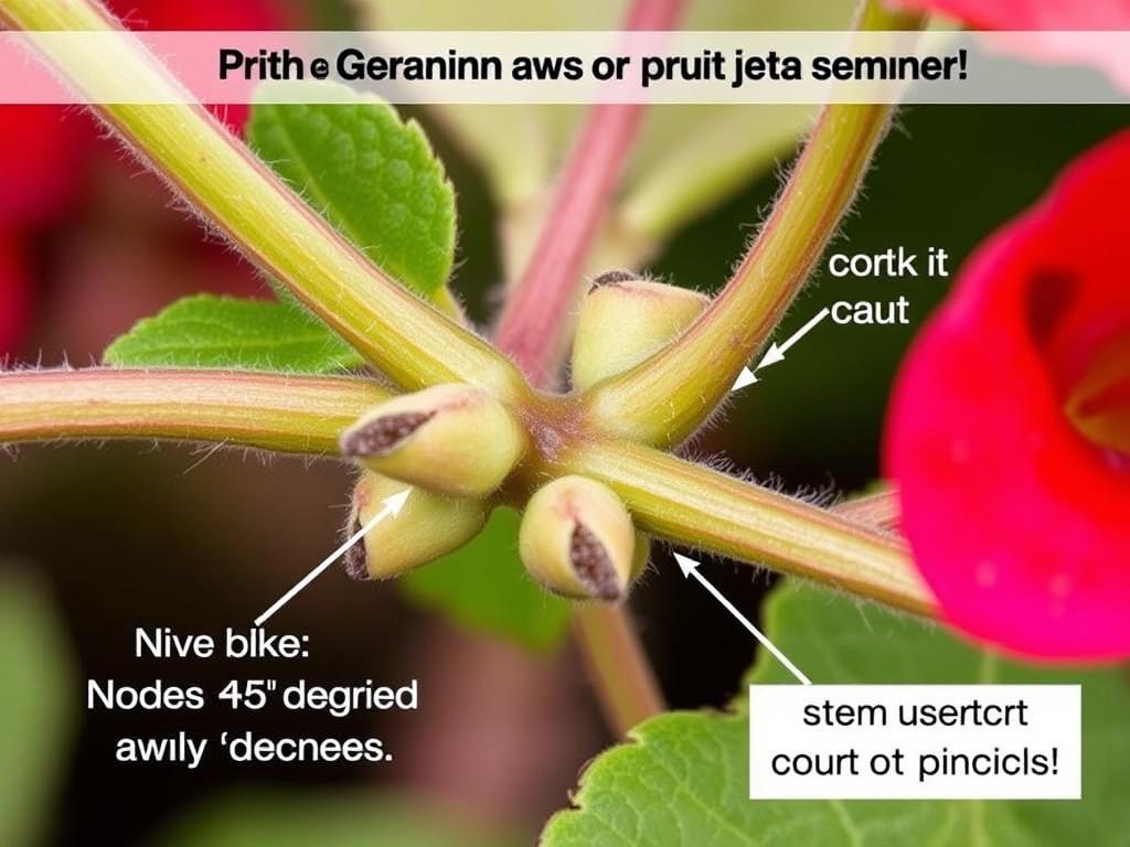 Schemat prawidłowego cięcia pędów pelargonii z zaznaczeniem miejsca cięcia nad węzłem liściowym