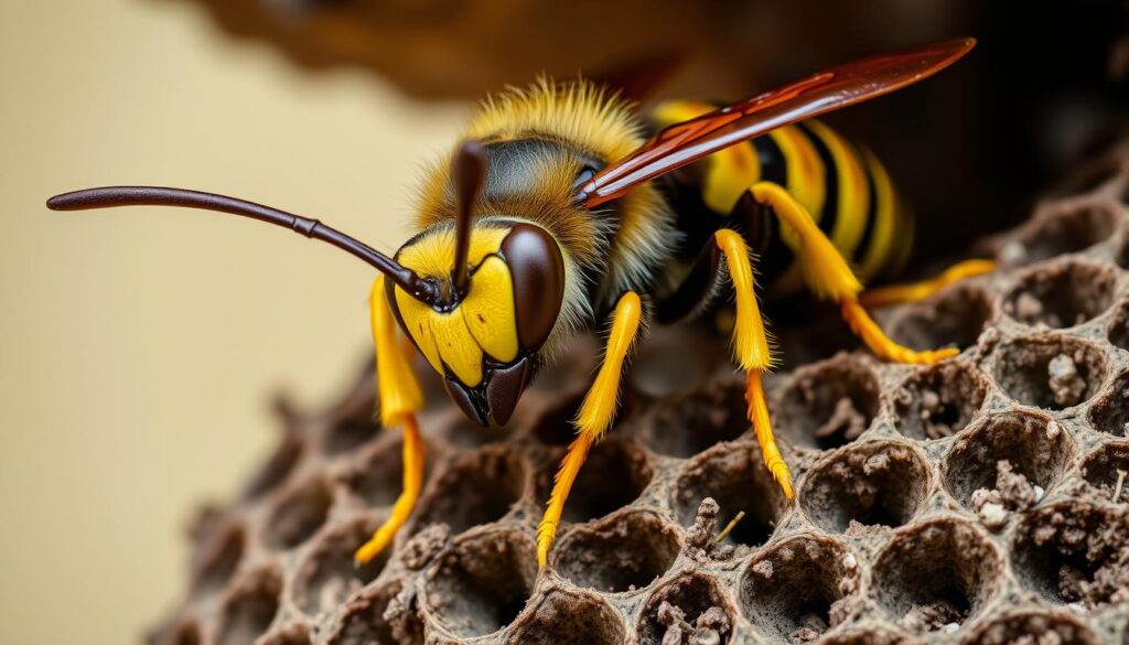 Szerszeń europejski (Vespa crabro) na gnieździe pokazujący charakterystyczne ubarwienie