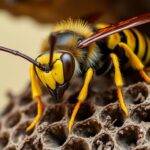 Szerszeń europejski (Vespa crabro) na gnieździe pokazujący charakterystyczne ubarwienie