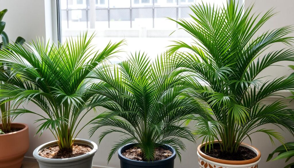 Trzy różne gatunki palm (Areka, Kentia, Chamedora) rosnące w dostosowanych do ich potrzeb podłożach