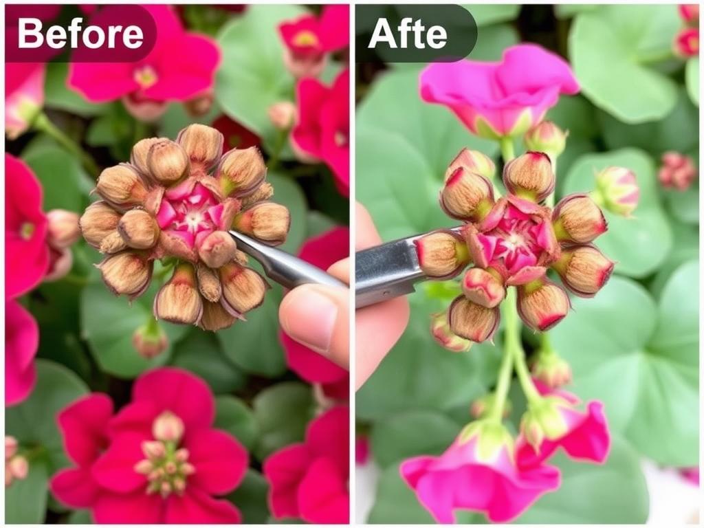 Usuwanie przekwitłych kwiatostanów pelargonii - przed i po zabiegu