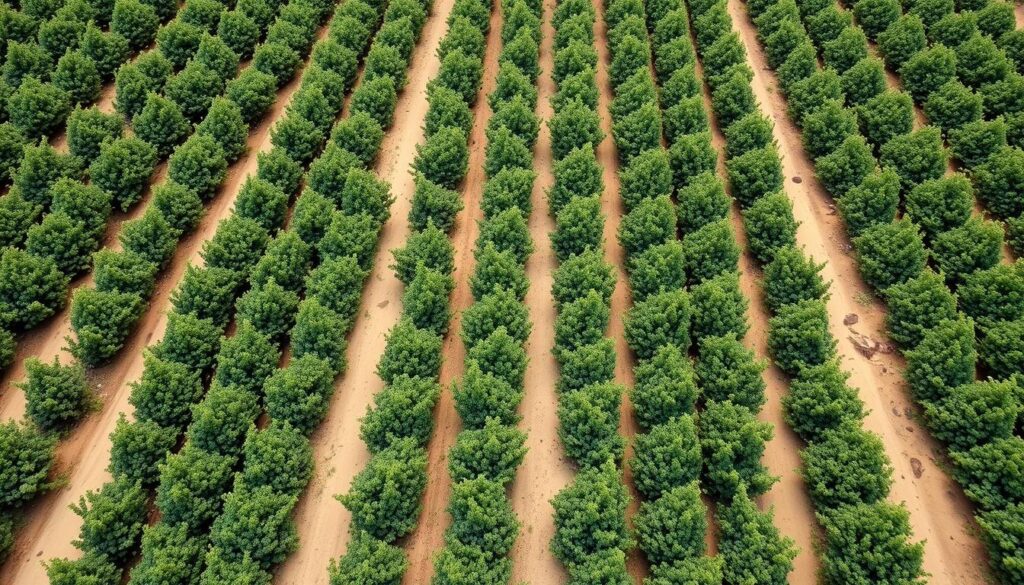 Widok z góry na plantację borówki amerykańskiej z prawidłowymi odstępami między rzędami