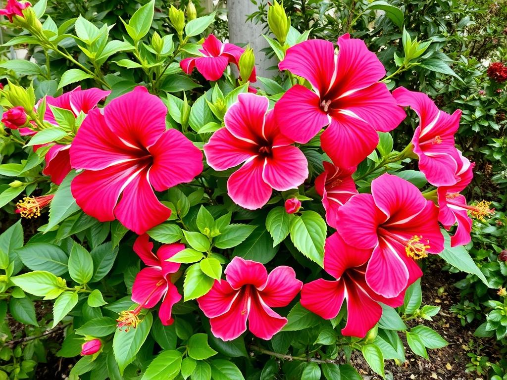 Zdrowy, bujnie kwitnący hibiskus ogrodowy po prawidłowym przycinaniu